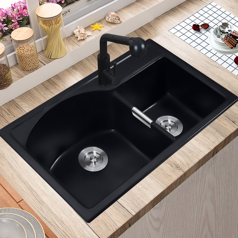 Modern 32" Granite Kitchen Sink Drop-In Sink Double Bowl Kitchen Sink Quartz Kitchen Sink Matte Black