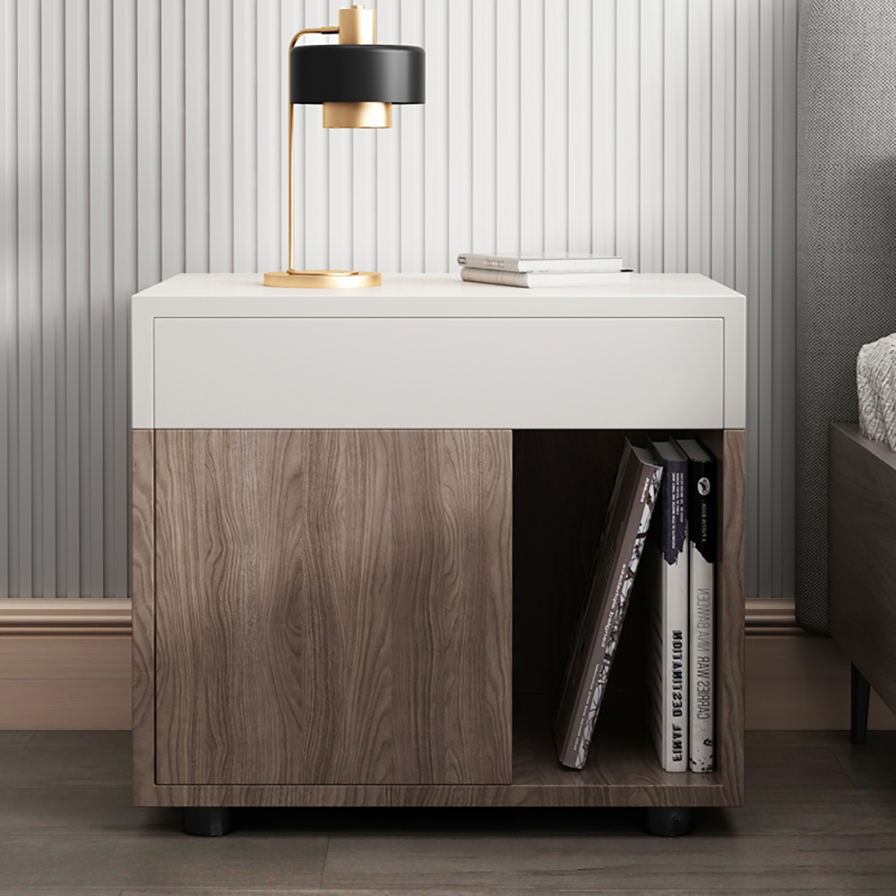 

Modern White&Walnut Nightstand with 2 Draws Square Bedside Table Simple Nightstand
