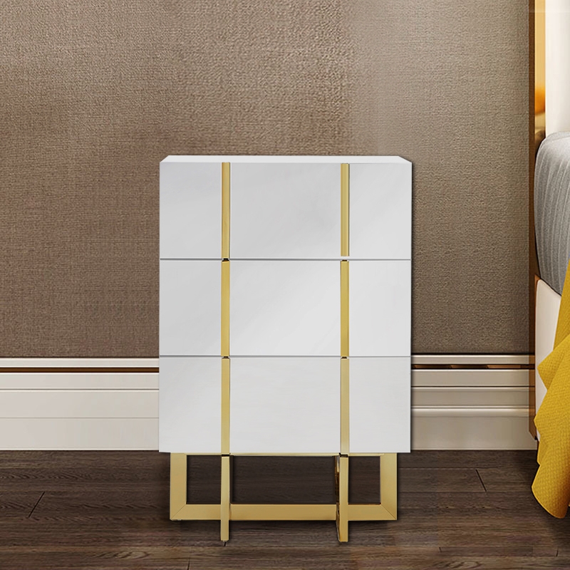 White 3 Drawers Chest Modern Accent Cabinet for Storage Stainless Steel Gold