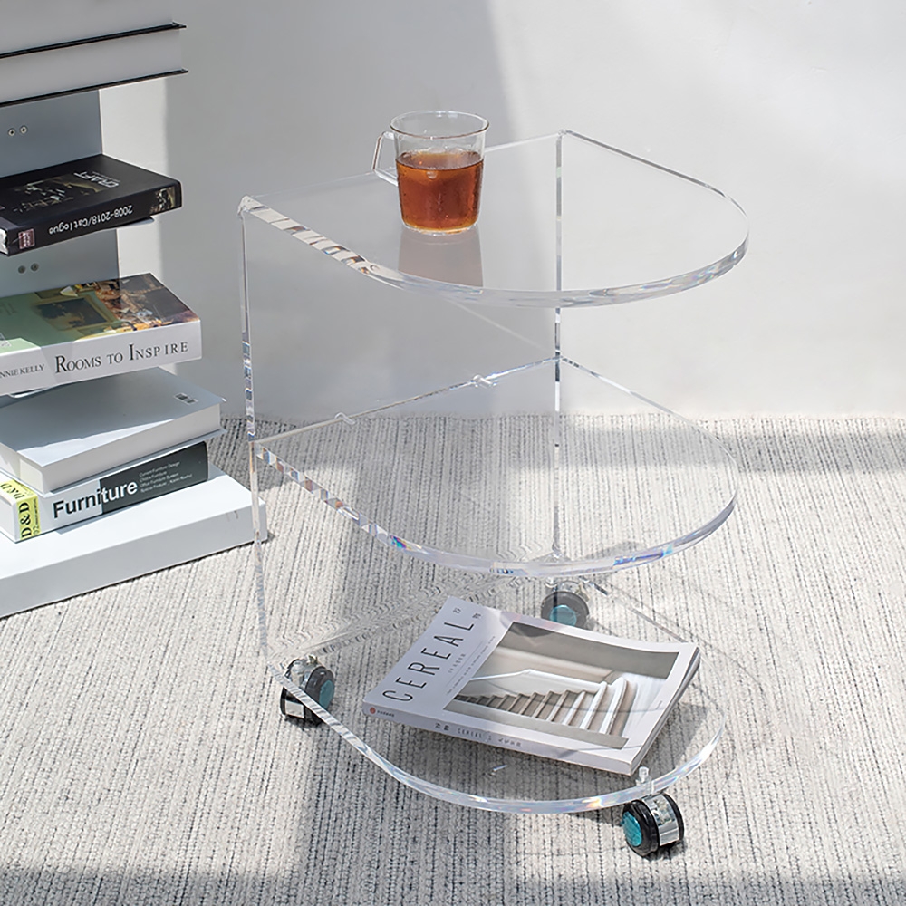 

Clear Acrylic Rolling End Table with Shelves Semicircle