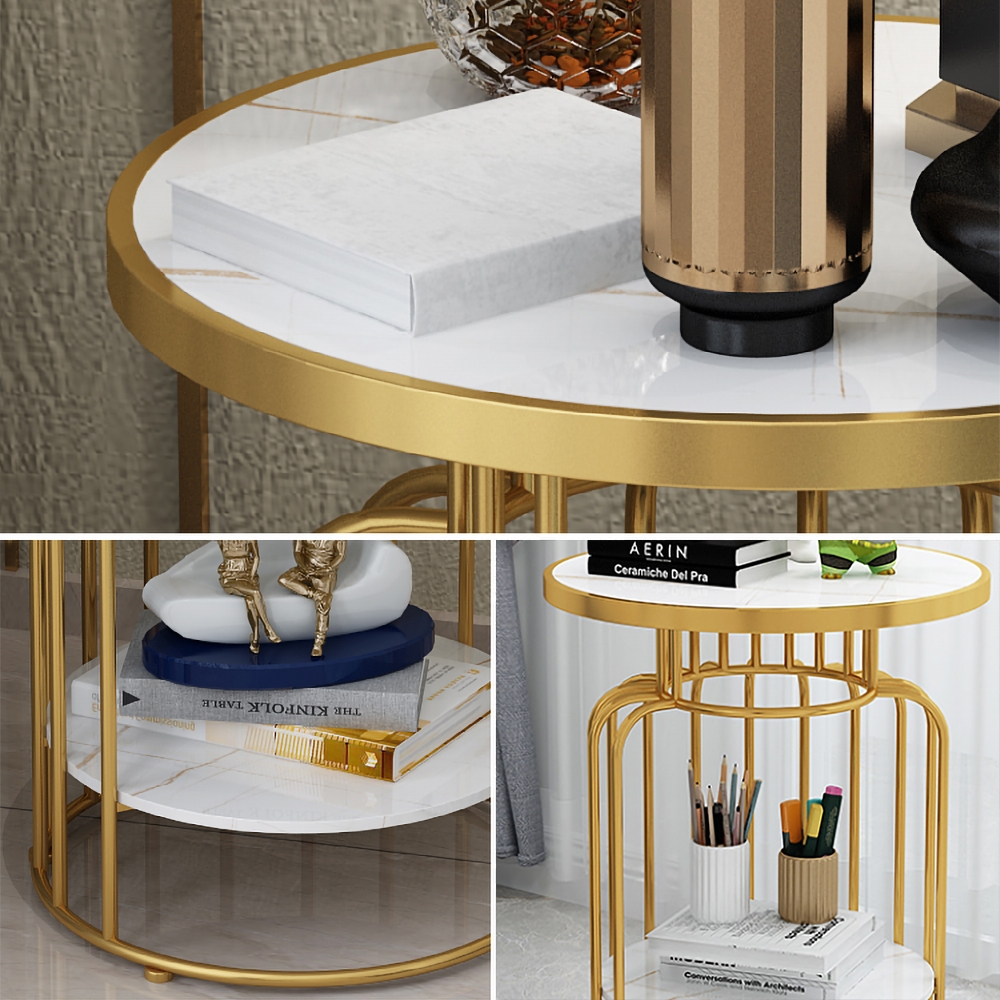 Black Sintered Stone End Table Round Side Table Gold Base Accent Table