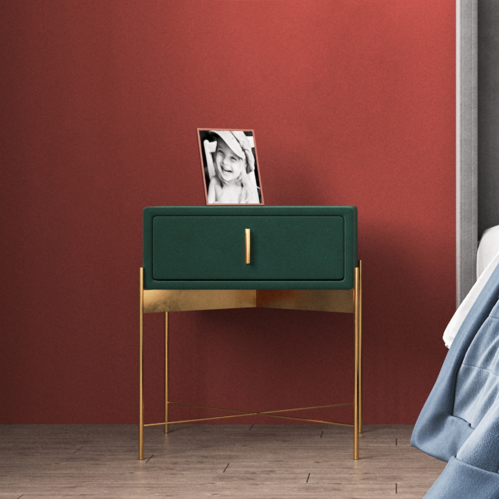 Green Bedroom Nightstand with Drawer Velvet Upholstered and Stainless Steel Base