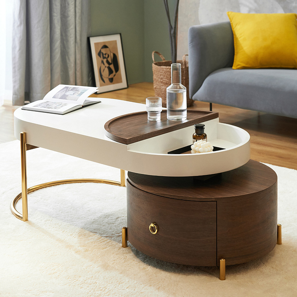 Modern Oval Nesting Coffee Table White&Walnut Coffee Table with Storage with Drawer