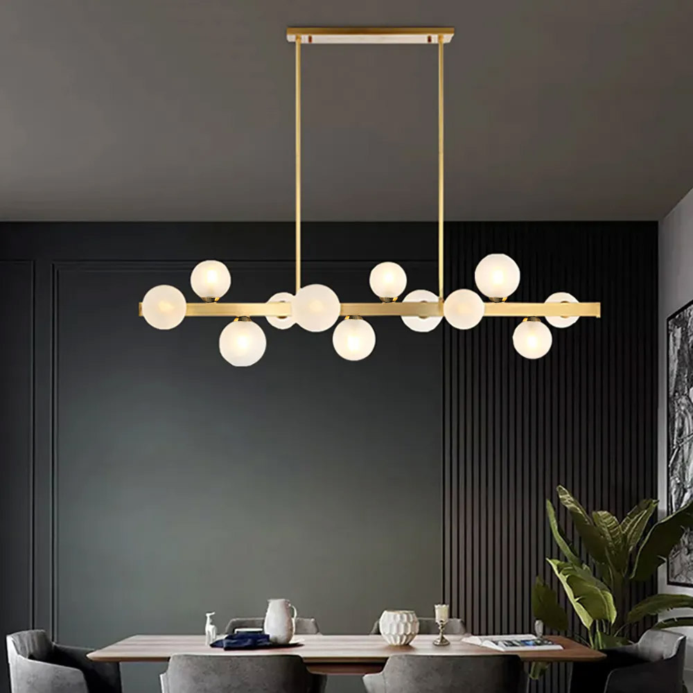 Image of 12-Light Kitchen Island Light White Glass Shade Linear Chandelier in Gold