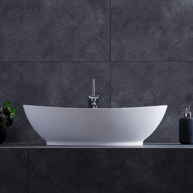 Modern Oval Stone Resin Deep Vessel Bathroom Sink in Matte White with Pop Up Drain