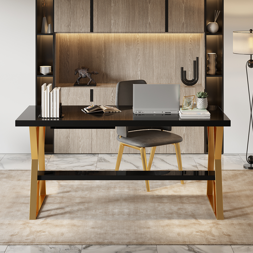 

39" Rectangular Black Computer Desk with Drawer and Shelf Gold Leg