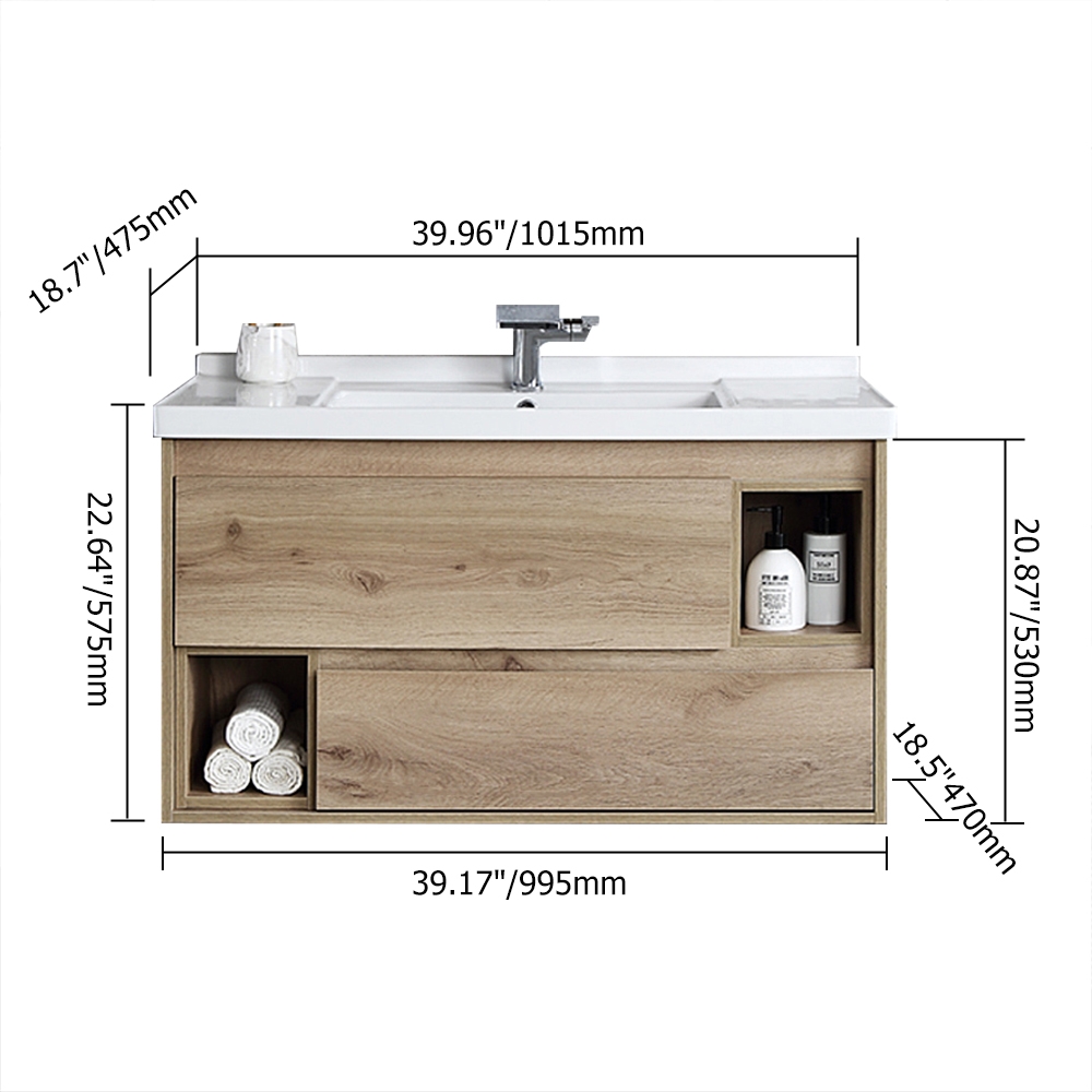 995mm schwimmende Badezimmer-Eitelkeit Wandmontage Einzelwaschbecken Waschtisch 2 Schubladen