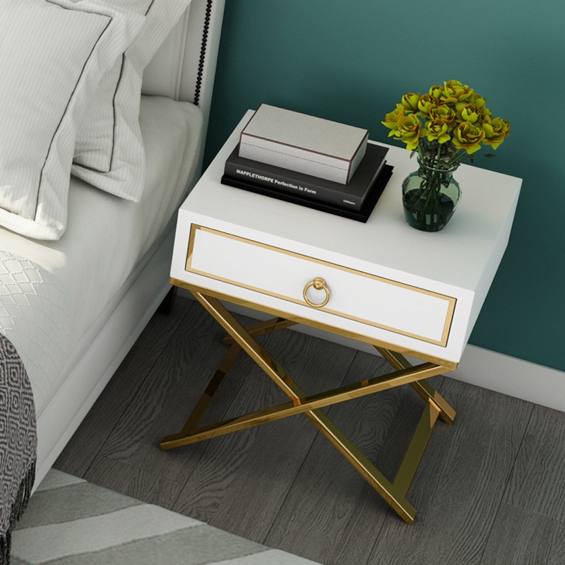 White Nighstand with Drawer Bedside Table with X-Shaped Stainless Steel Base