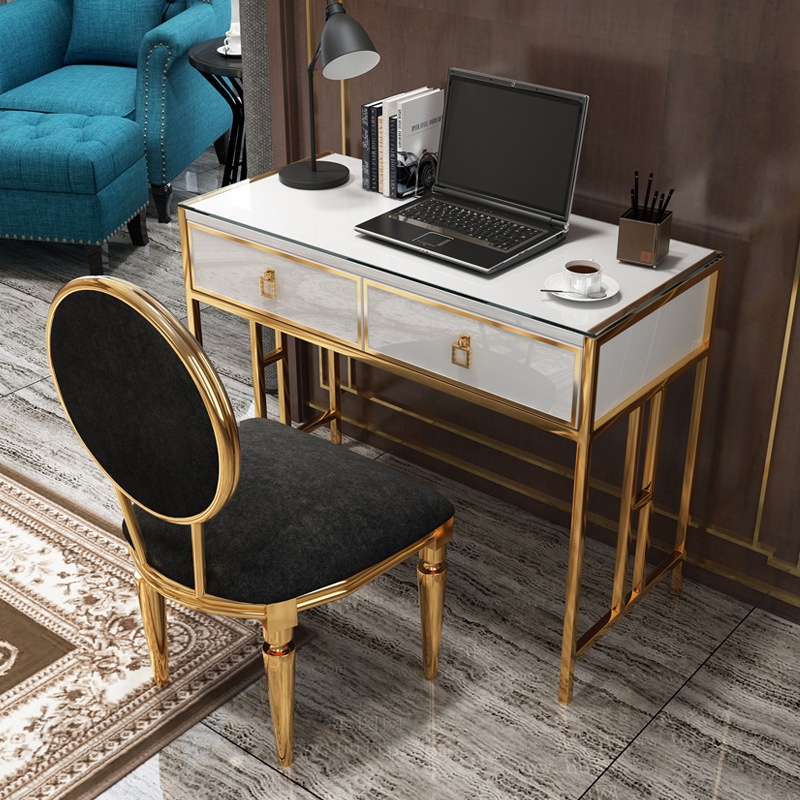 Modern White Office Writing Desk Stylish Rectangle Computer Desk with Drawers Glass Top Gold Metal