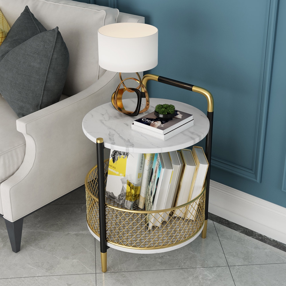 

Round End Table with Storage Shelf Stone Side Table, Gold