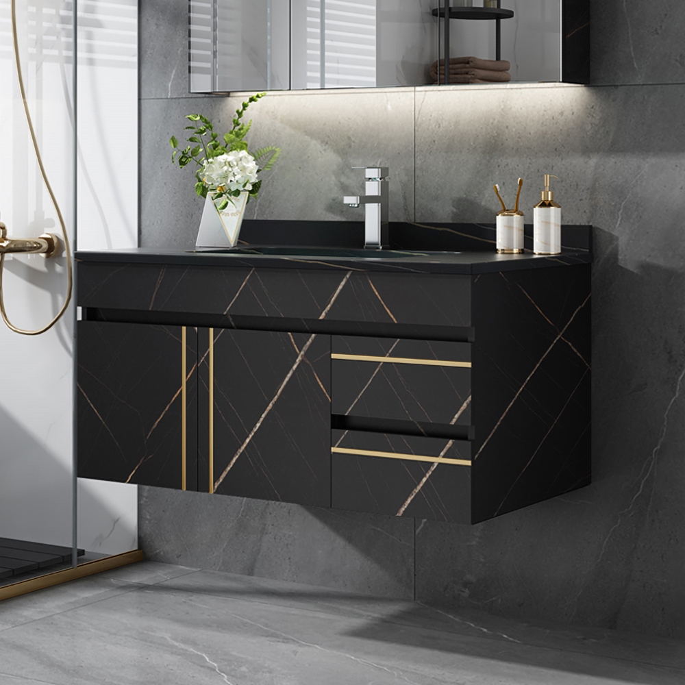 900mm Black Modern Faux Marble Floating Bathroom Vanity Single Ceramic Basin