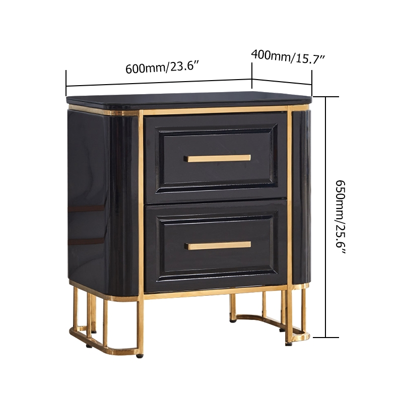 Black 2 Drawer Nightstand Modern Side Table for Bed Wood Stainless