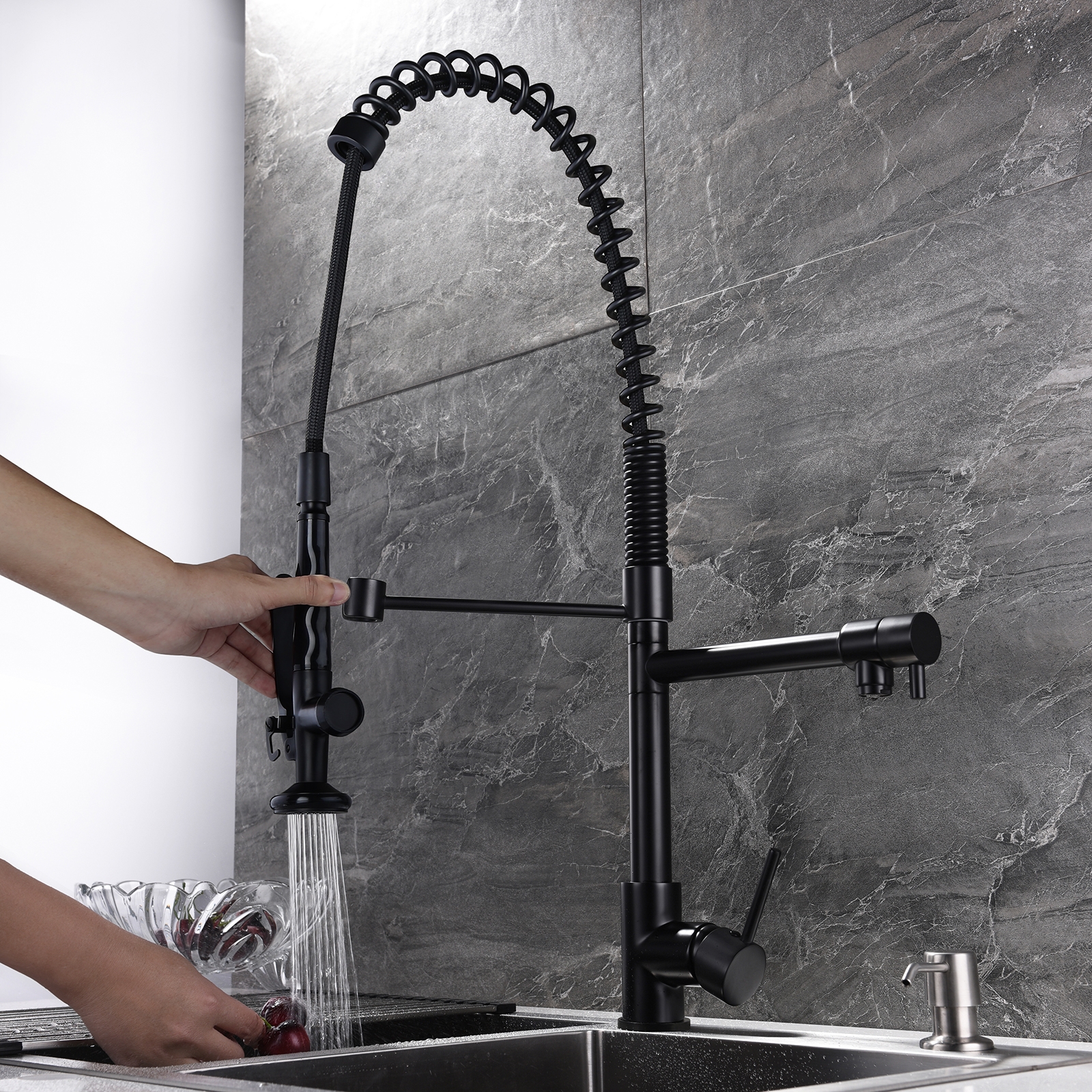 Image of Commercial Pull Down Pre-rinse Spring Sprayer Matte Black Kitchen Sink Faucet with Deck Plate Solid Brass