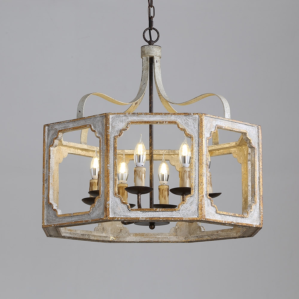 Lightelk French 8-Light Lantern Chandelier Metal and Wood in Antique Gray & Gold