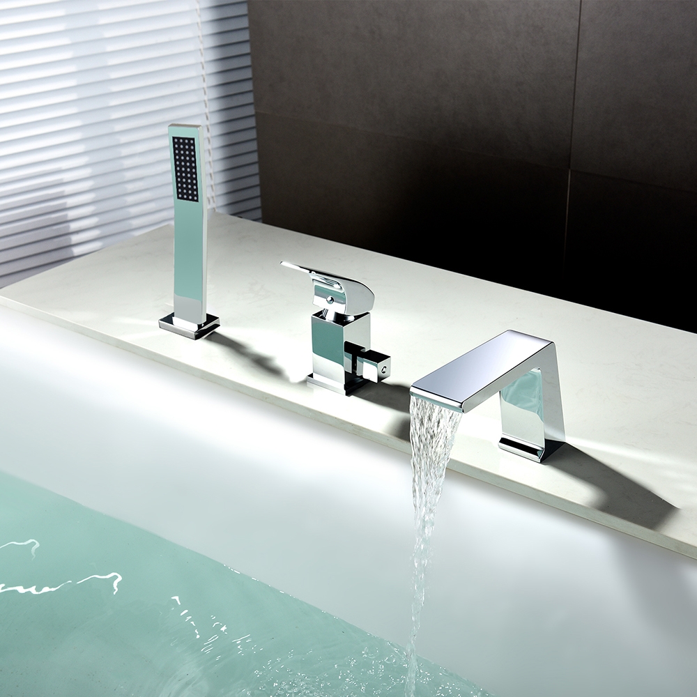 Rosa Modern Chrome Deck Mounted Waterfall 3-hole Bath Filler Tap & Hand Shower