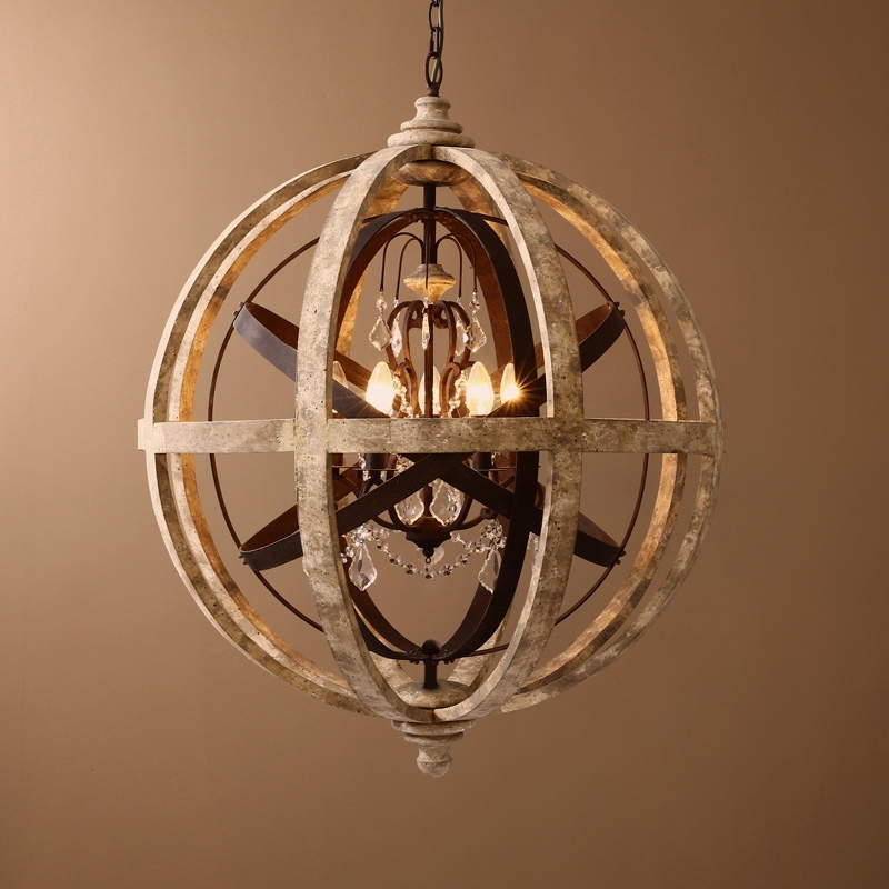 Image of 5-Light Retro Globe Weathered Wood Chandelier with Crystal Accents