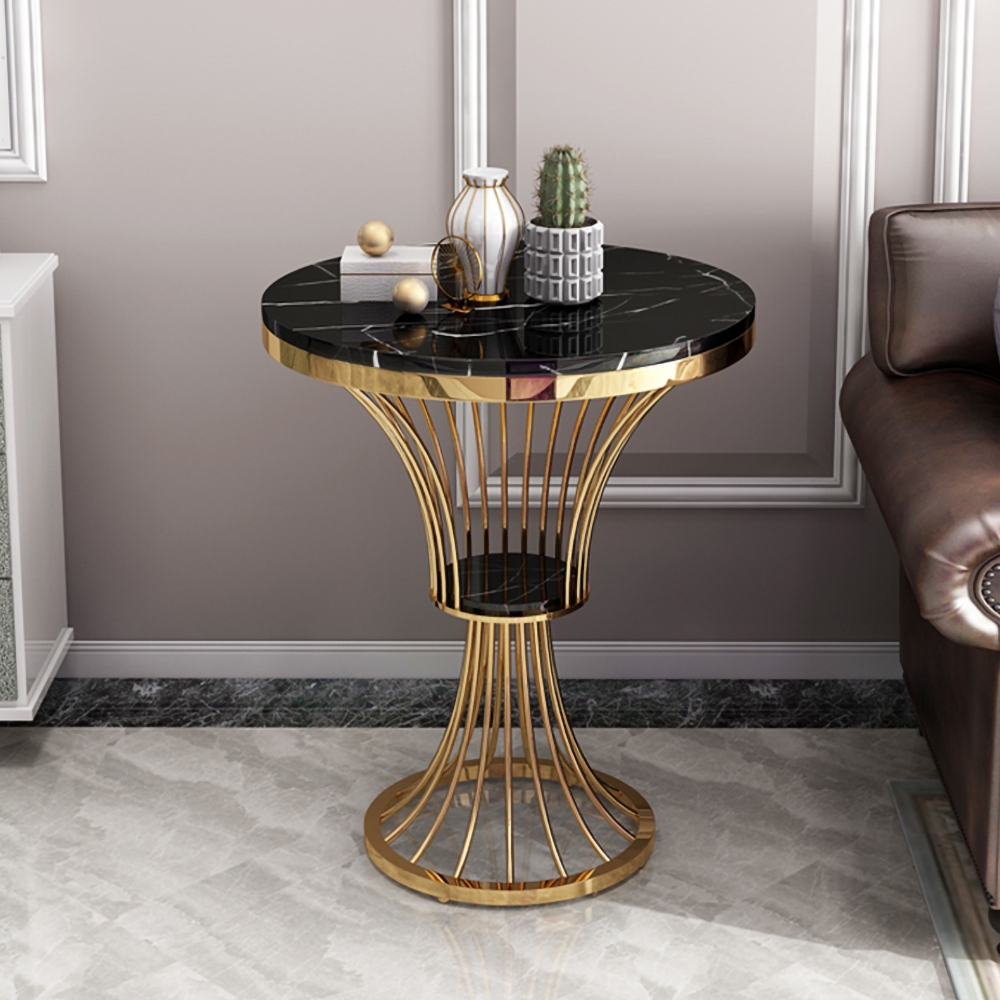 

Black Round Faux Marble Side Table Spiral-Shaped End Table in Gold