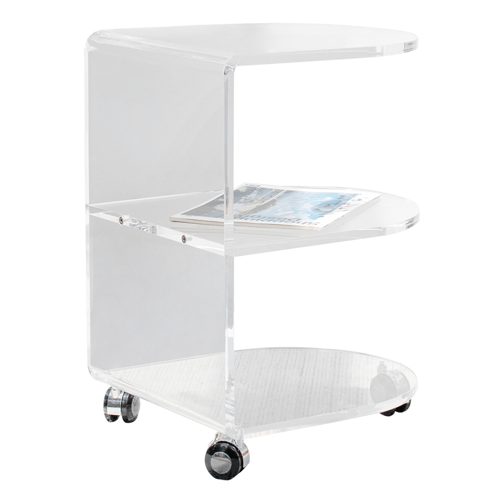 Clear Acrylic Rolling End Table with Shelves Semicircle