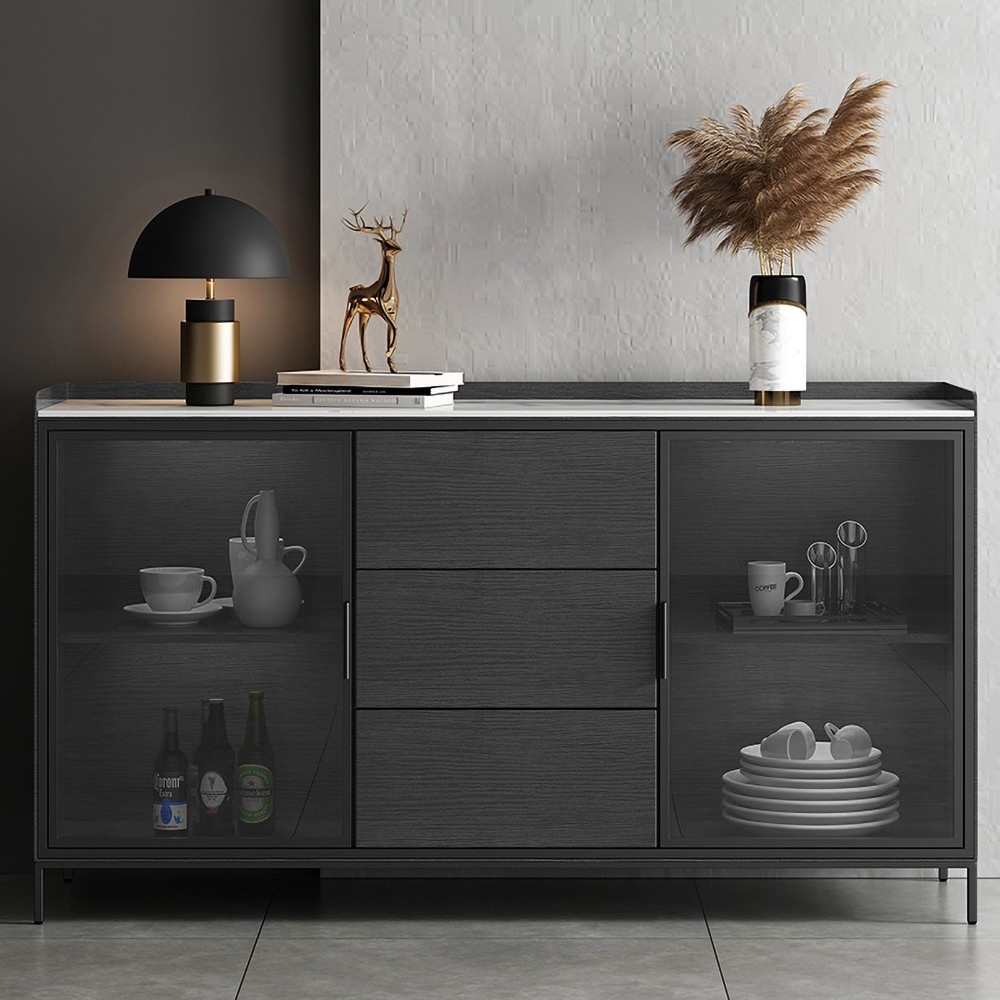 Image of 47" Black Sideboard Buffet Doors&Drawers Stone Top Modern Sideboard Cabinet in Small