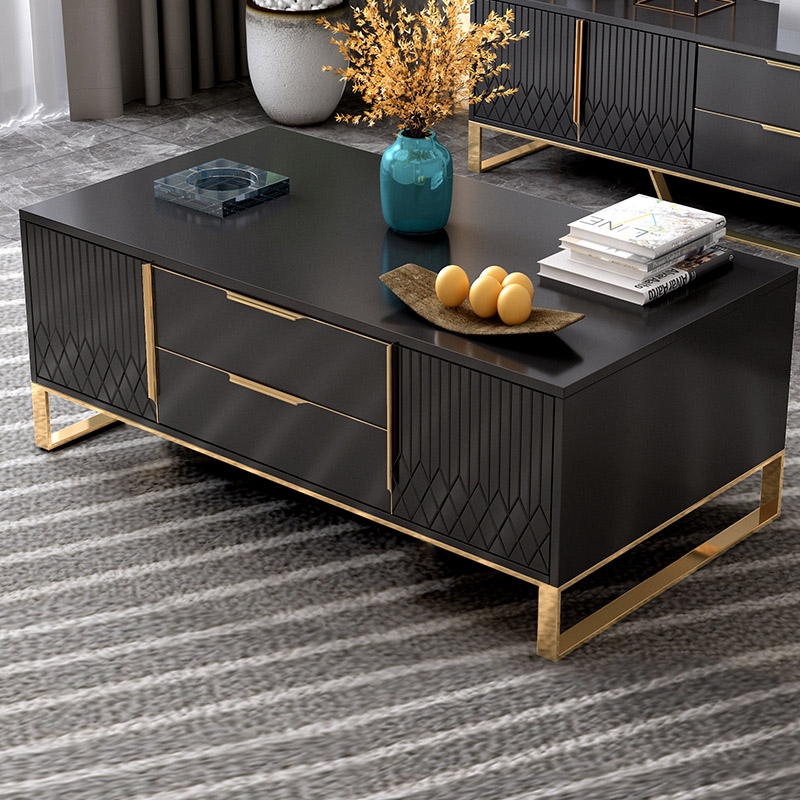 Nordic Rectangular Black Coffee Table with Storage of Drawers & Doors in Gold