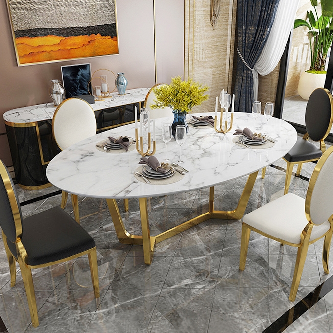 1600mm Oval White Faux Marble Dining Table with Gold Frame