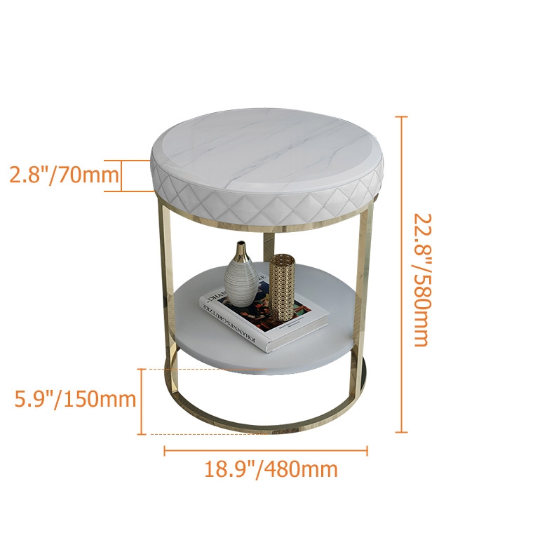 White Round Faux Marble Side Table with Storage PU Leather Gold Finish