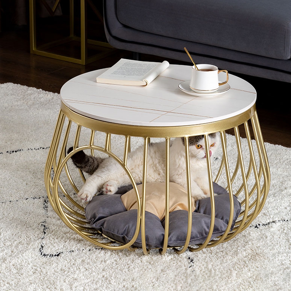 Modern White Side Table Faux Marble End Table with Round Tabletop Cat Bed