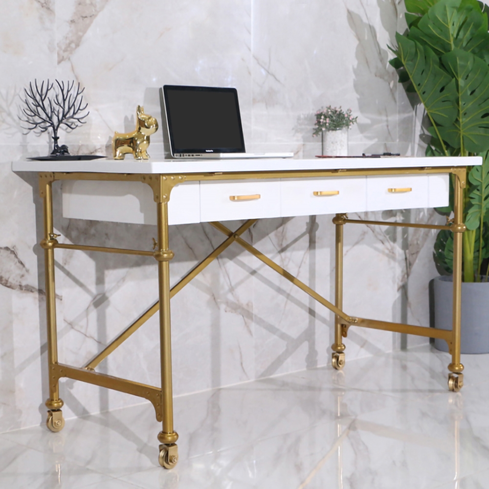 White 39" Rectangular Writing Desk Modern Computer Desk with 3Drawer Gold