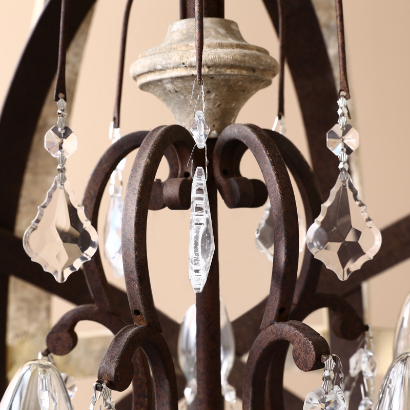 5-Light Retro Globe Weathered Wood Chandelier Crystal Accents