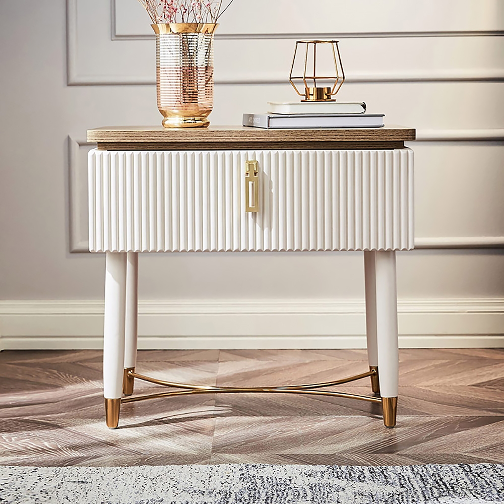 Modern White Nightstand Contemporary Wood Nightstand Bedside Table with Drawer in Gold