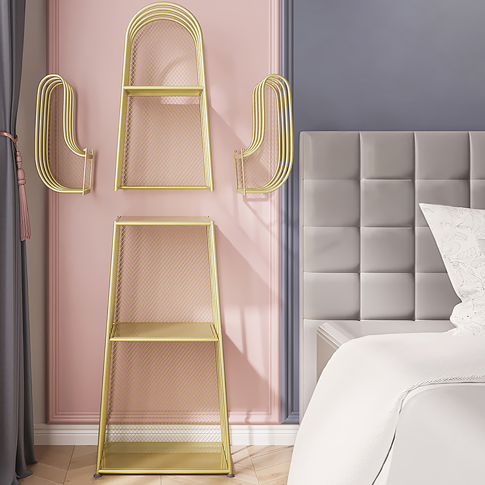 Gold Nightstand Shelf Metal Cactus Shape Bedside Shelves Modern Wall Decor Bedroom