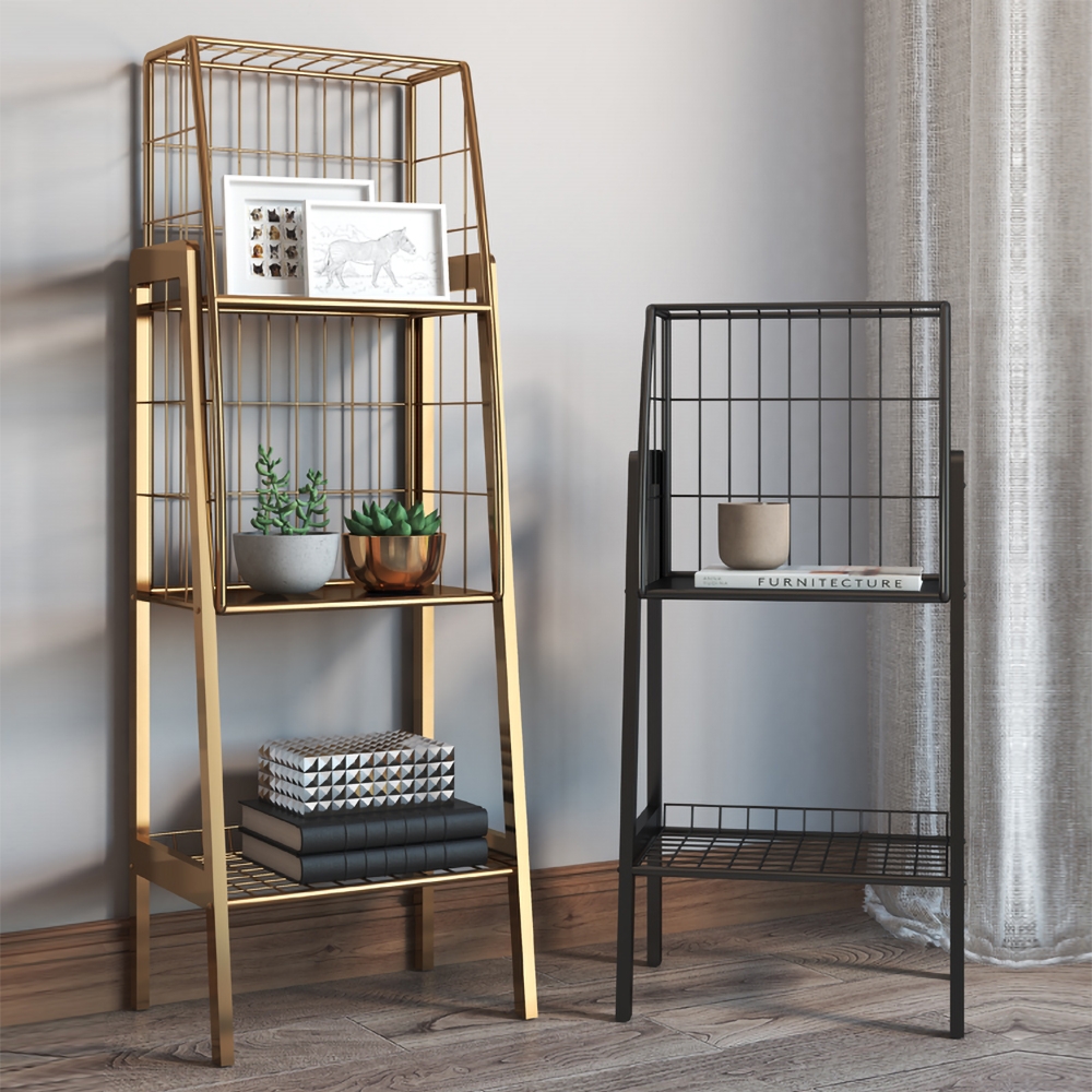 Industrial Gold Bookshelf with 3Tier Basket Office Bookcase Storage