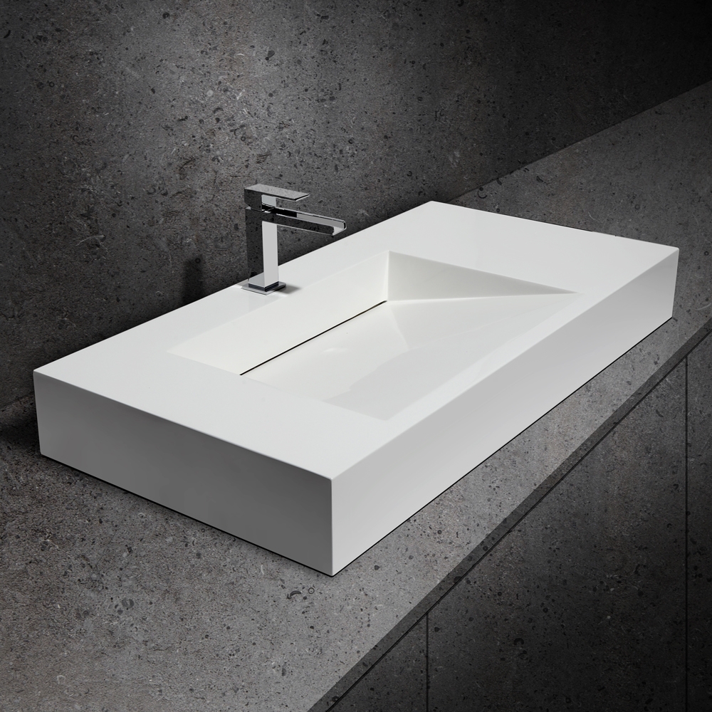 1000mm Wall-Hung Stone Resin Rectangle Bathroom Ramped Basin in Glossy White