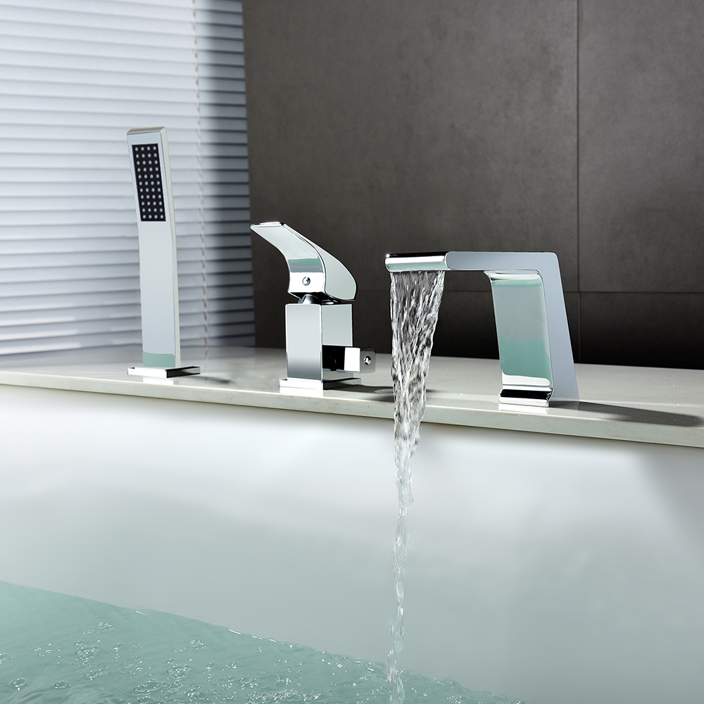 Rosa Modern Chrome Deck Mounted Waterfall 3-hole Bath Filler Tap & Hand Shower
