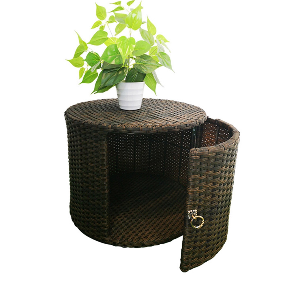 Outdoor Round Side Table with Storage 1Door Garden Storage RattanHomary