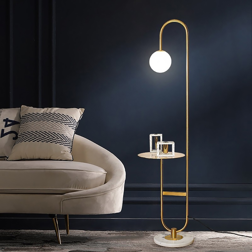 60" Modern Arc Floor Lamp with Shelf in Gold with Glass Shade & Marble Base