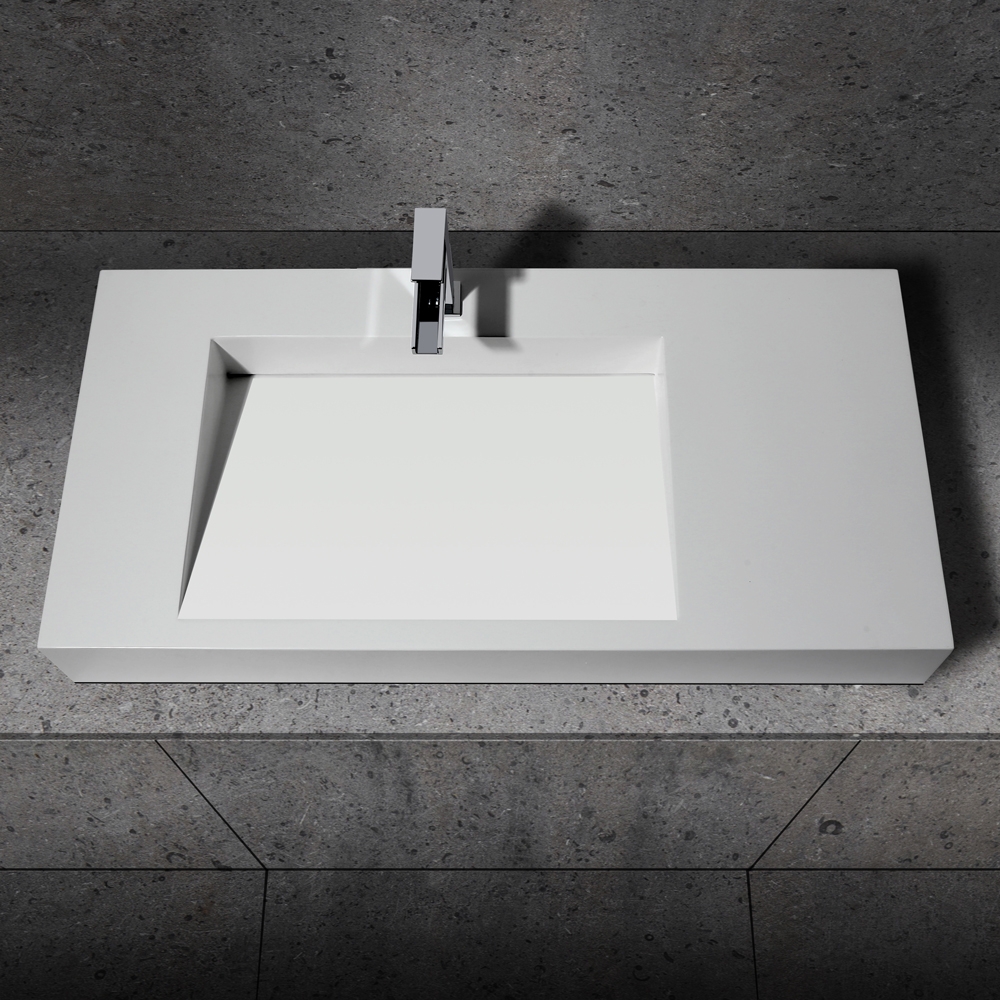 1000mm Wall-Hung Stone Resin Rectangle Bathroom Ramped Basin in Matte White