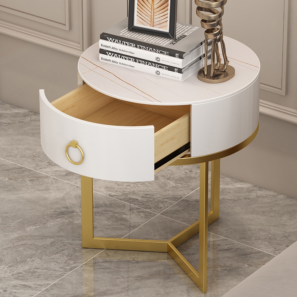Runder weißer Nachttisch mit 1 Schublade Moderner Nachttisch mit goldenem Rahmen