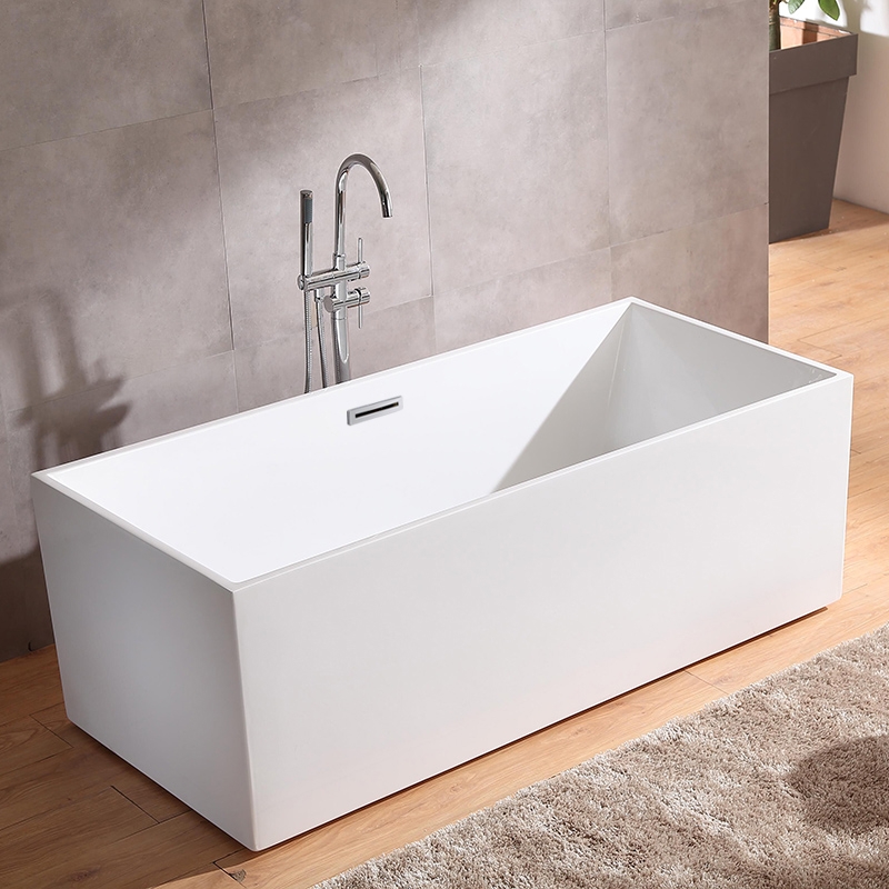 67 Inch Rectangle Freestanding Acrylic White Bathtub With Chrome Linear Overflow