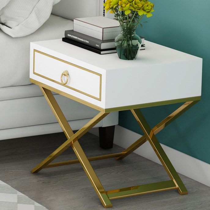 White Nightstand with Drawer Bedside Table with X-Shaped Stainless Steel Base