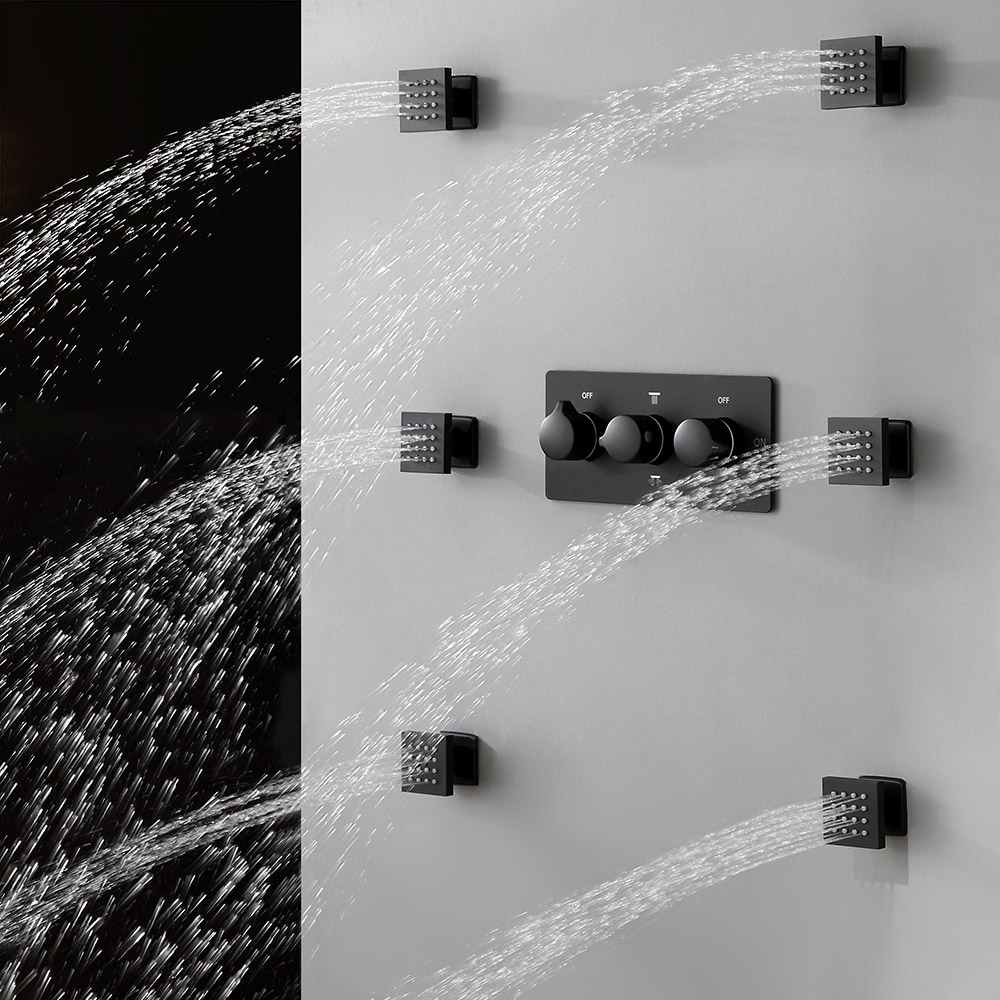 Modern LED Ceiling Mount Rain Shower Mixer with 6 Body Sprays & Hand Shower in Black