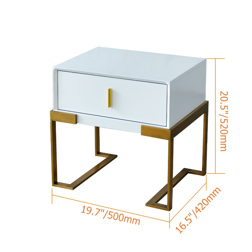 Table de chevet de chambre blanche avec tiroir Table de chevet Base en acier inoxydable