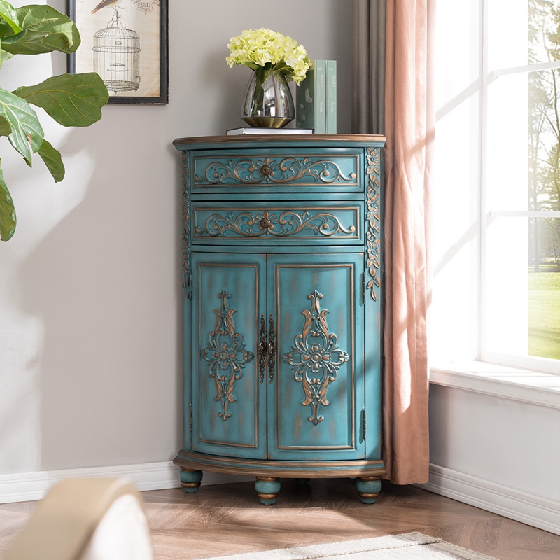 Image of Antique Triangle Wood Accent Corner Cabinet with 2 Doors & 2 Drawers in Blue