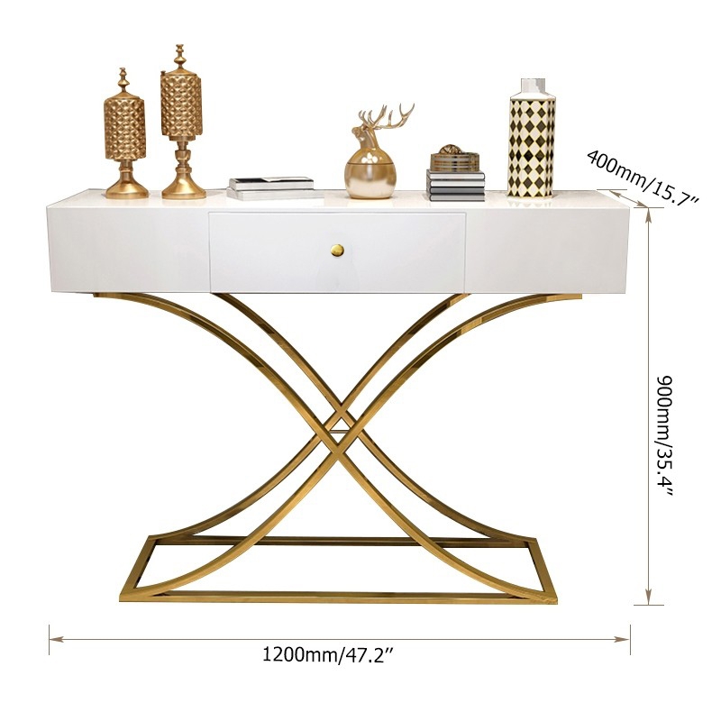Weißer Konsolentisch mit Schublade, Flurtisch, modern für Flur, x goldfarbene Basis