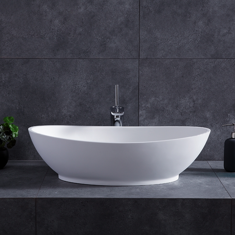 Modern Oval Stone Resin Deep Vessel Bathroom Sink in Matte White with Pop Up Drain
