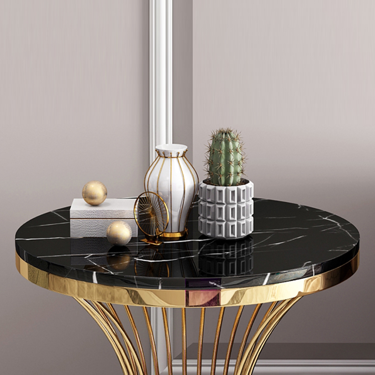 Black Round Faux Marble Side Table Spiral-Shaped End Table in Gold