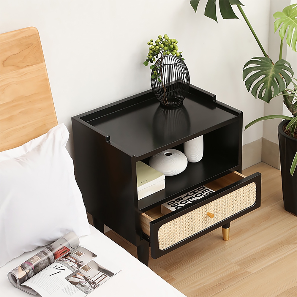 Black Solid Wood Rattan Nightstand with Drawer Open Storage Nordic Simplistic Side Table