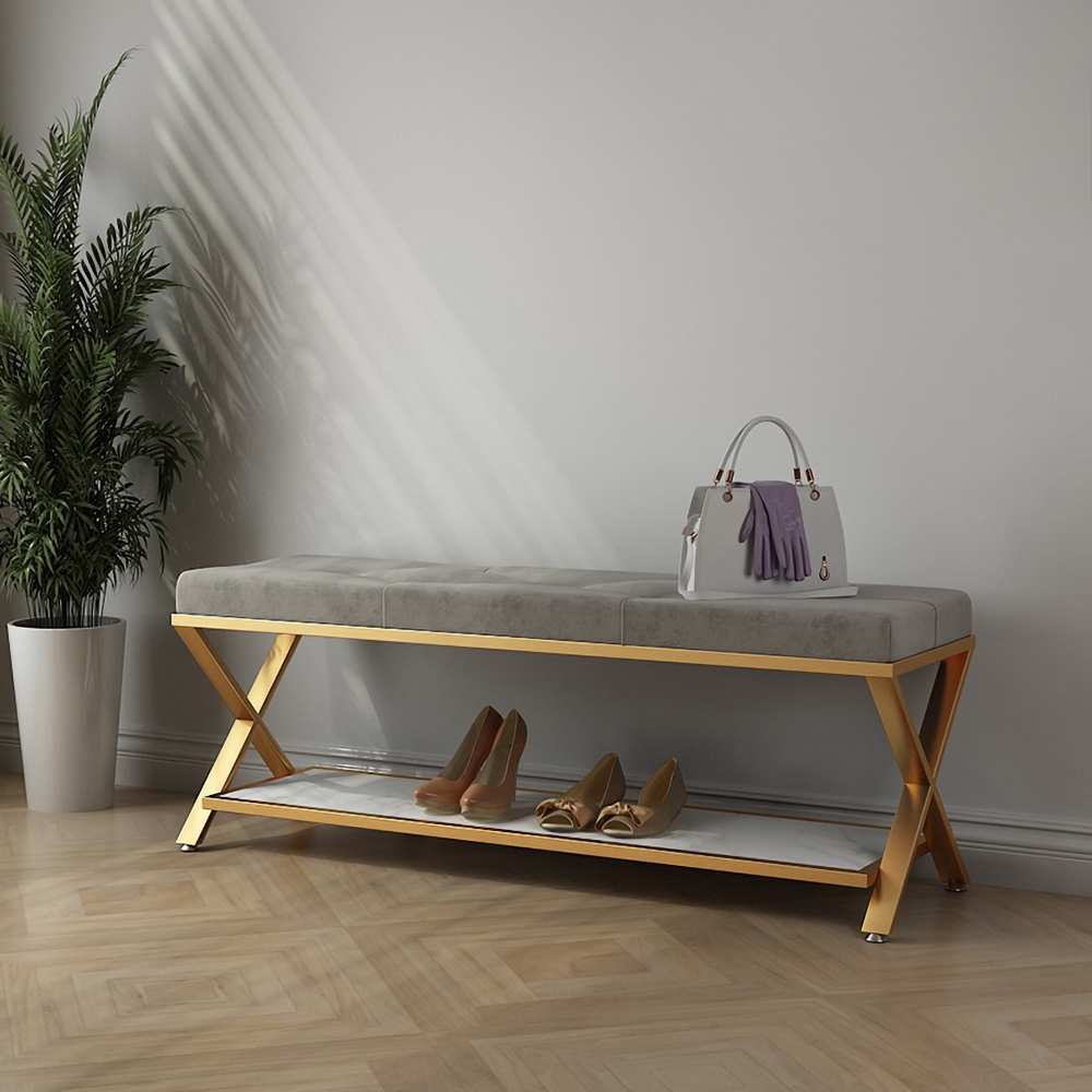 Grey Hallway Bench with Storage Bed Bench Velvet Upholstered with X-Shaped Base