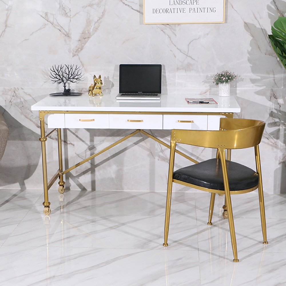 White 39" Rectangular Writing Desk Modern Computer Desk with 3Drawer Gold