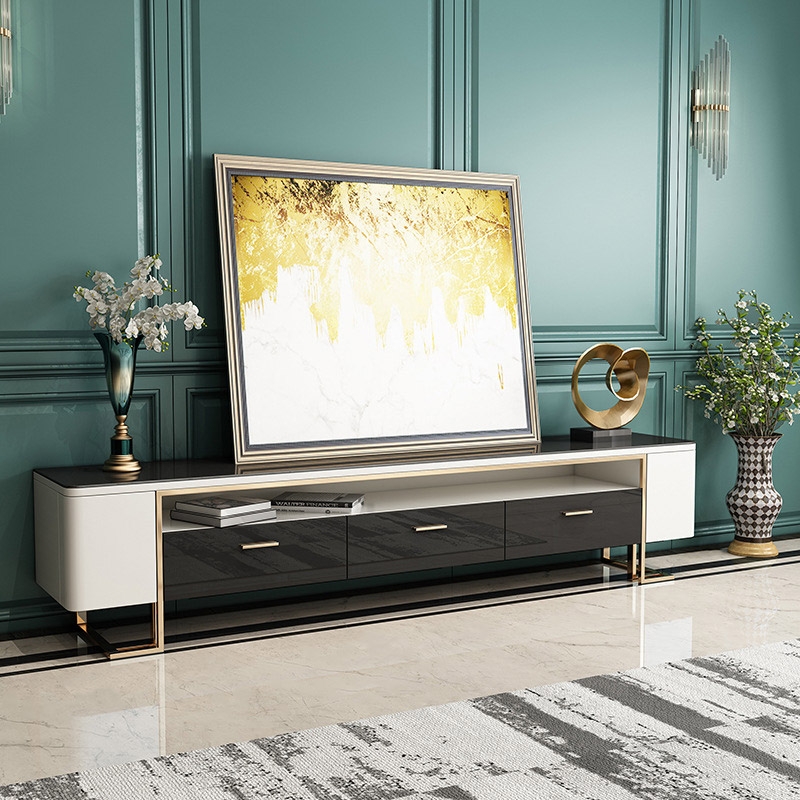 

Hoxo White and Black 79 Inch TV Stand Modern Media Console with 3 Drawers & 2 Door & Shelf Gold Legs with Glass Top